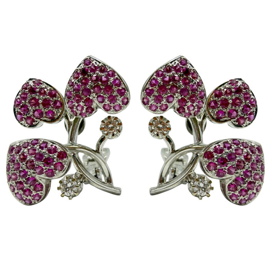 18k White Gold Diamond and Pink Sapphire Heart Earrings