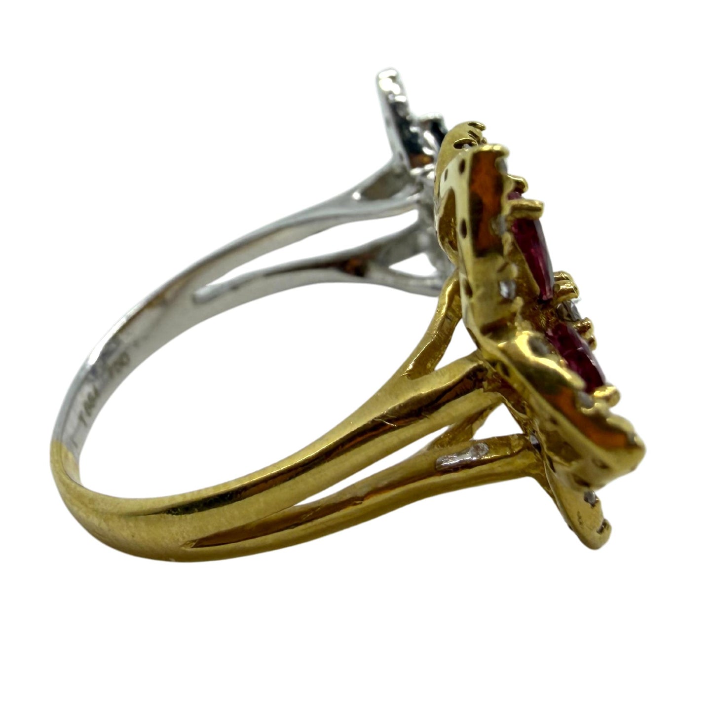 18K Two Tone Marquise Sapphire, Ruby and Diamond Bypass Floral Ring