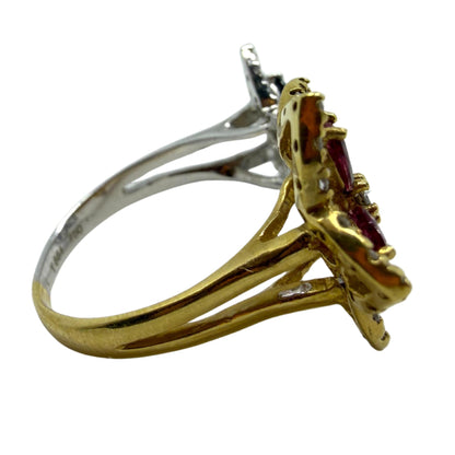 18K Two Tone Marquise Sapphire, Ruby and Diamond Bypass Floral Ring