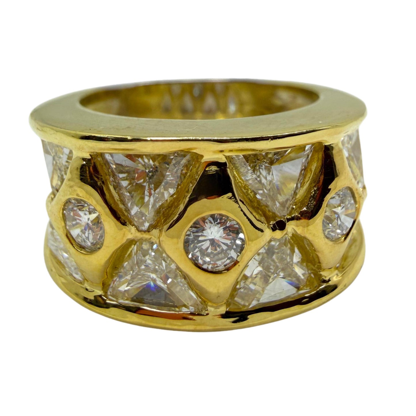18k Two Tone Trillion Cut Diamond Wide Band Ring with Abstract Design
