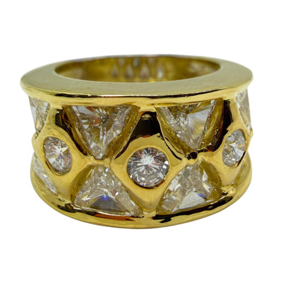 18k Two Tone Trillion Cut Diamond Wide Band Ring with Abstract Design