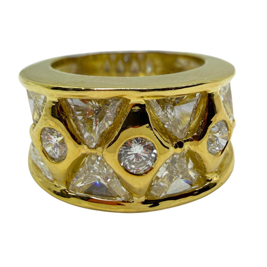 18k Two Tone Trillion Cut Diamond Wide Band Ring with Abstract Design