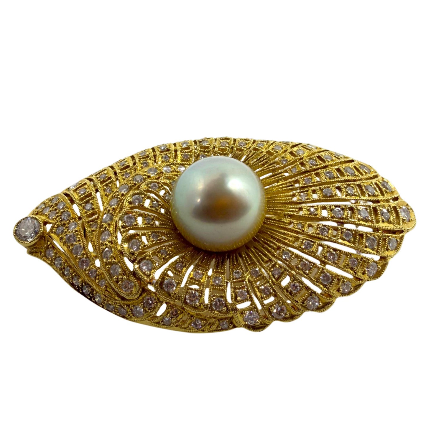 Art Deco Inspired 18K Yellow Gold Diamond and South Sea Pearl Brooch