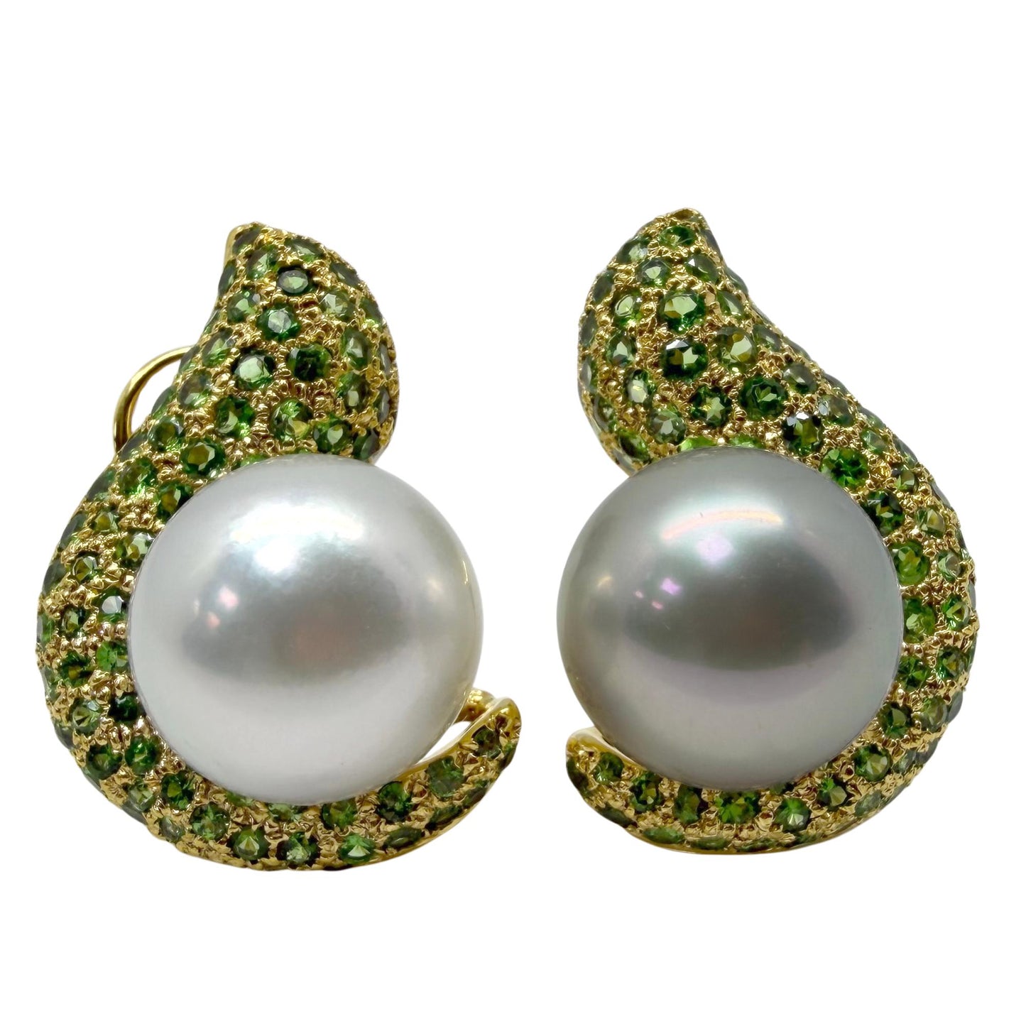 18k Yellow Gold Green Garnet and Pearl Earrings