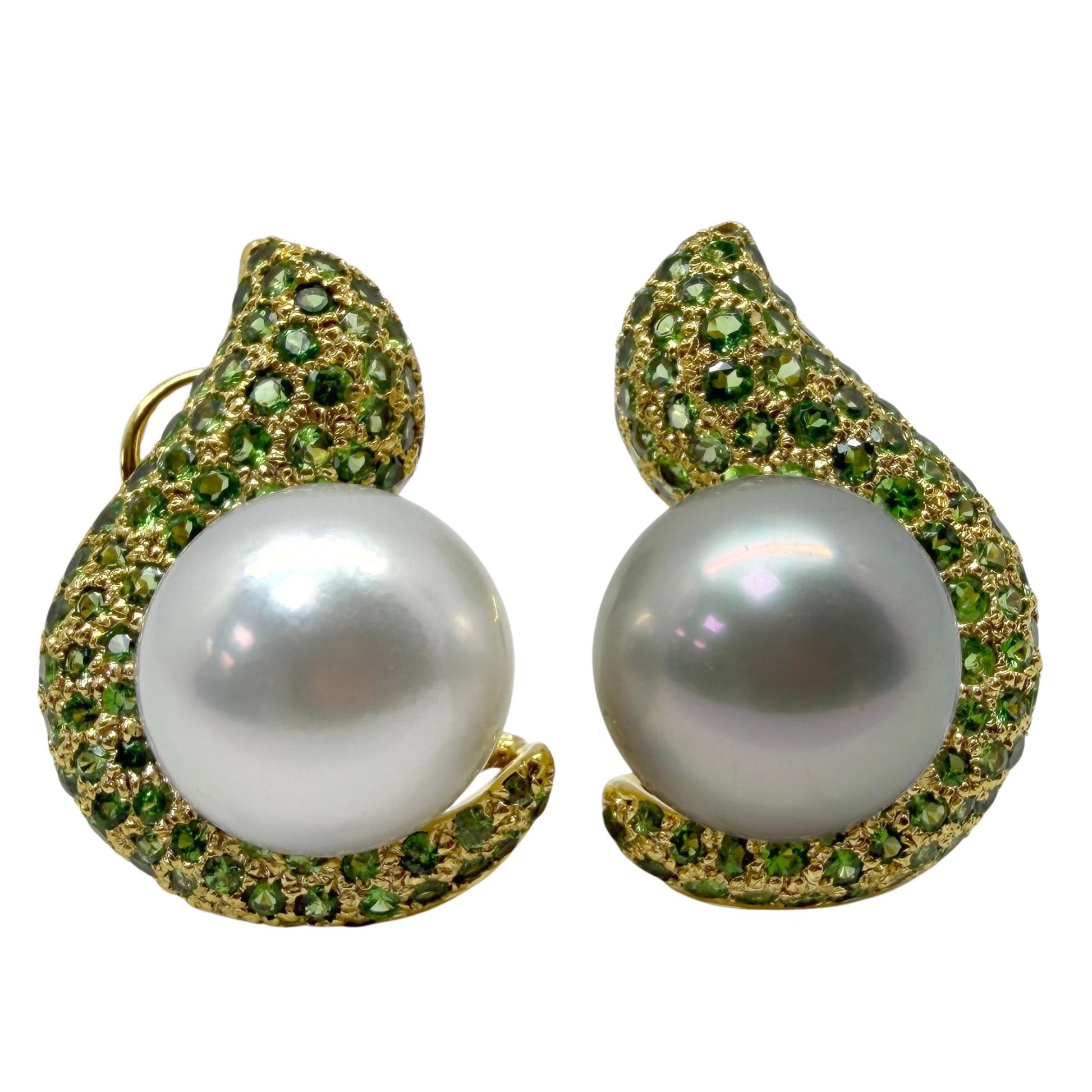 18k Yellow Gold Green Garnet and Pearl Earrings