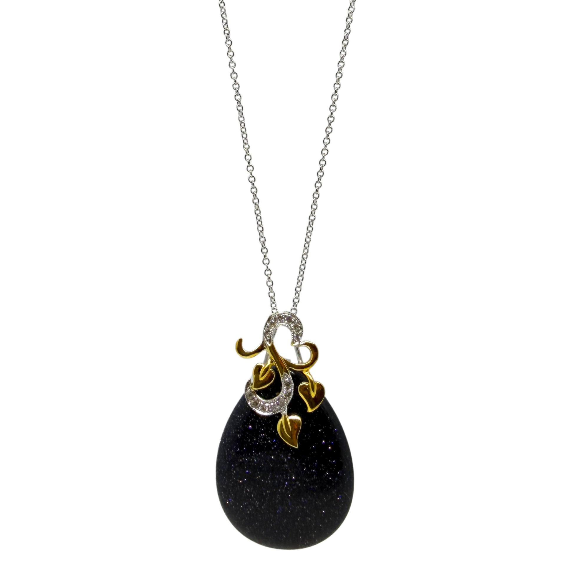 18K Two Tone Gold Diamond & Teardrop Labradorite Pendant Necklace