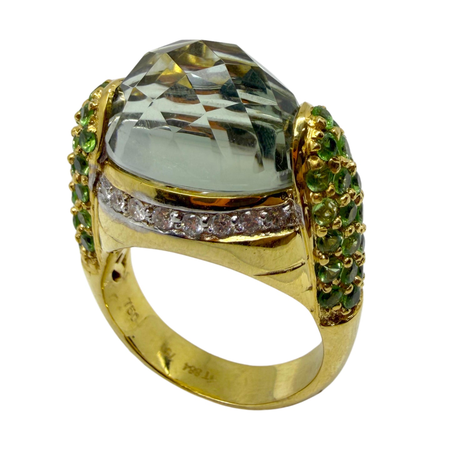18K Yellow Gold Diamond, Green Garnet and Checkered Green Gemstone Cocktail Ring