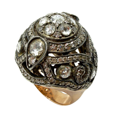 Vintage Inspired Rose Gold and Silver Rose Cut Diamond Dome Cocktail Ring