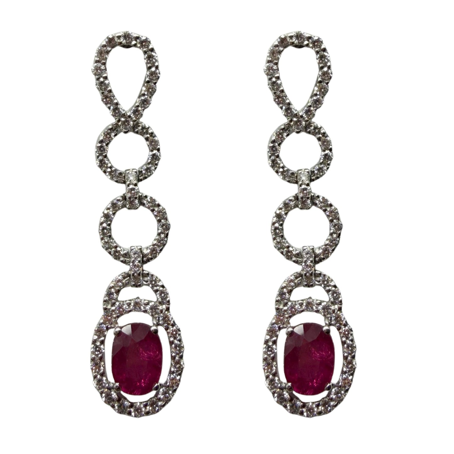 18K White Gold 3.44 Carat Oval Ruby and Diamond Drop Earrings