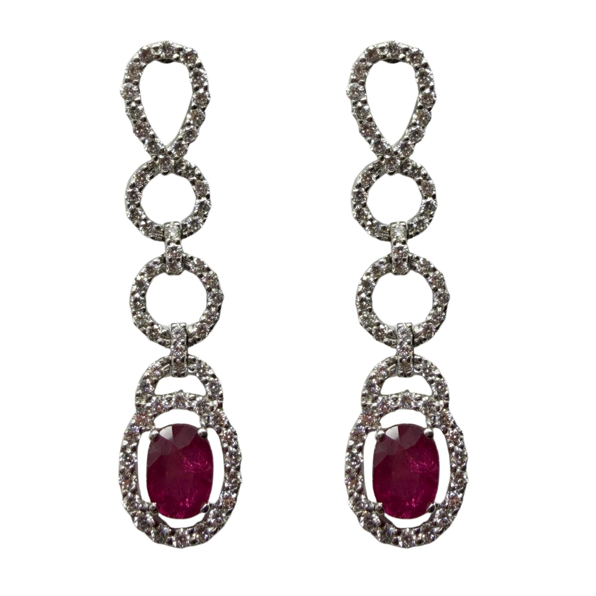 18K White Gold 3.44 Carat Oval Ruby and Diamond Drop Earrings