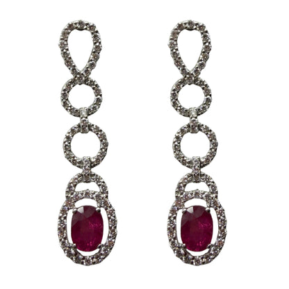 18K White Gold 3.44 Carat Oval Ruby and Diamond Drop Earrings