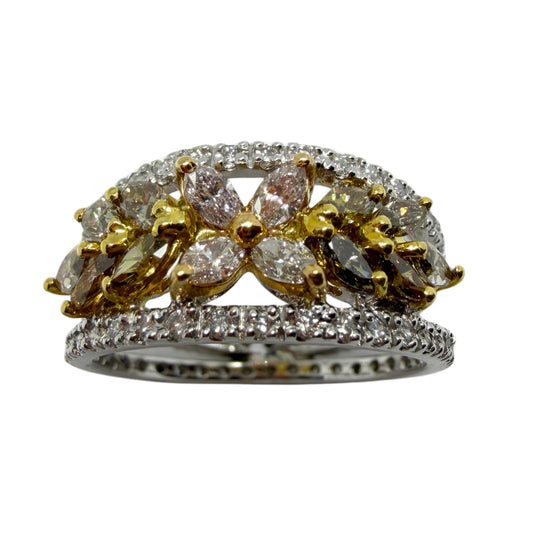 18K Two Tone Marquise Cut Pink, Yellow and White Diamond Flower Band Ring