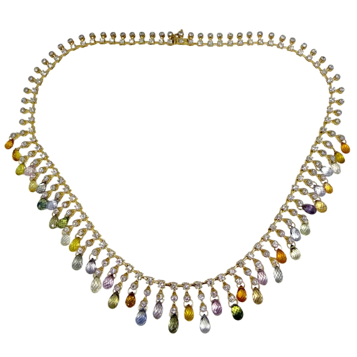 18K Yellow Gold Diamond and Briolette Multicolor Sapphire Necklace