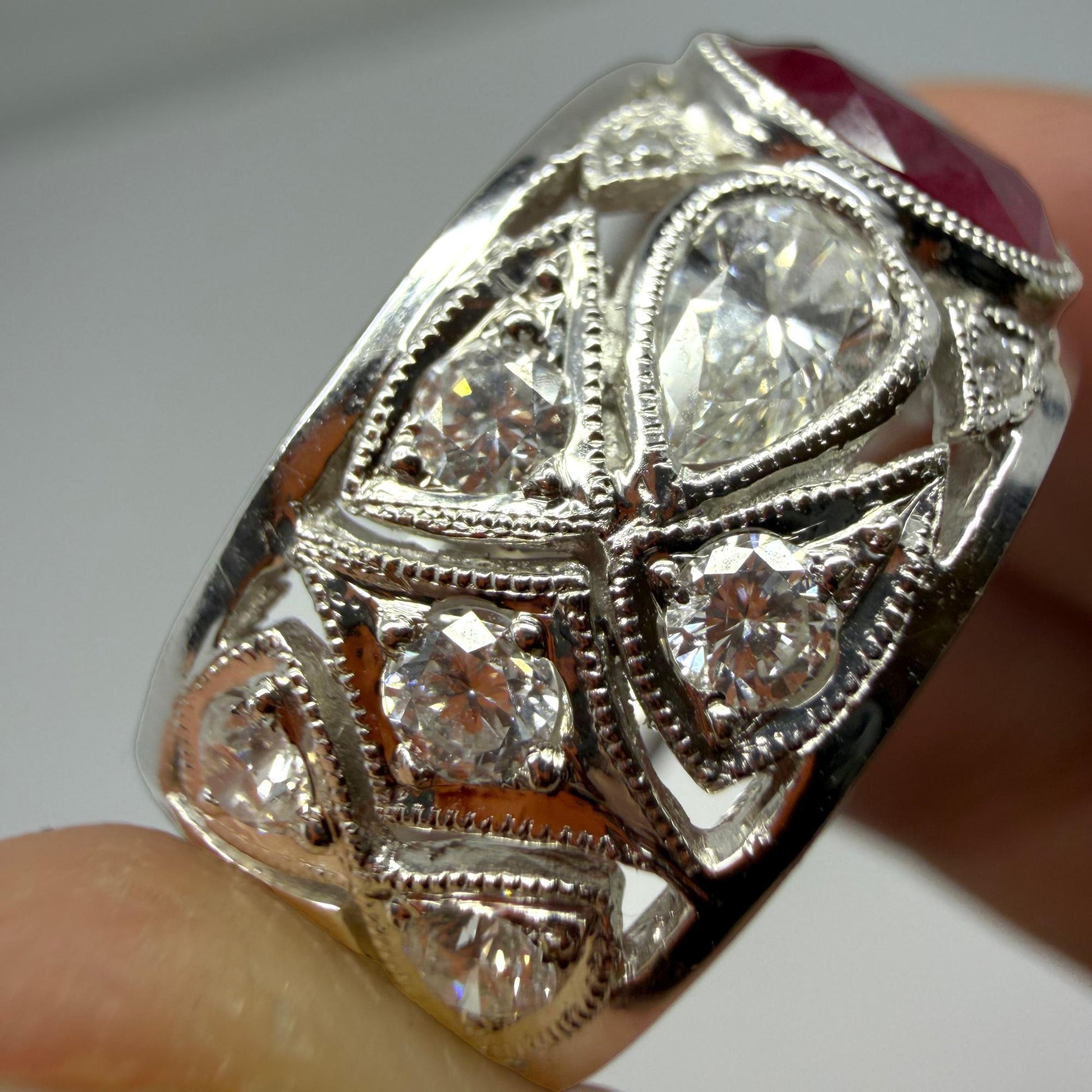 18K White Gold 2.04 Carats Oval Cut Ruby and Diamond Wide Band Ring - Size 6.5