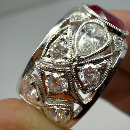 18K White Gold 2.04 Carats Oval Cut Ruby and Diamond Wide Band Ring - Size 6.5