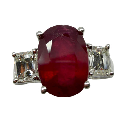 18K White Gold Asscher Cut Diamond and African Ruby Three Stone Ring - Size 6.75