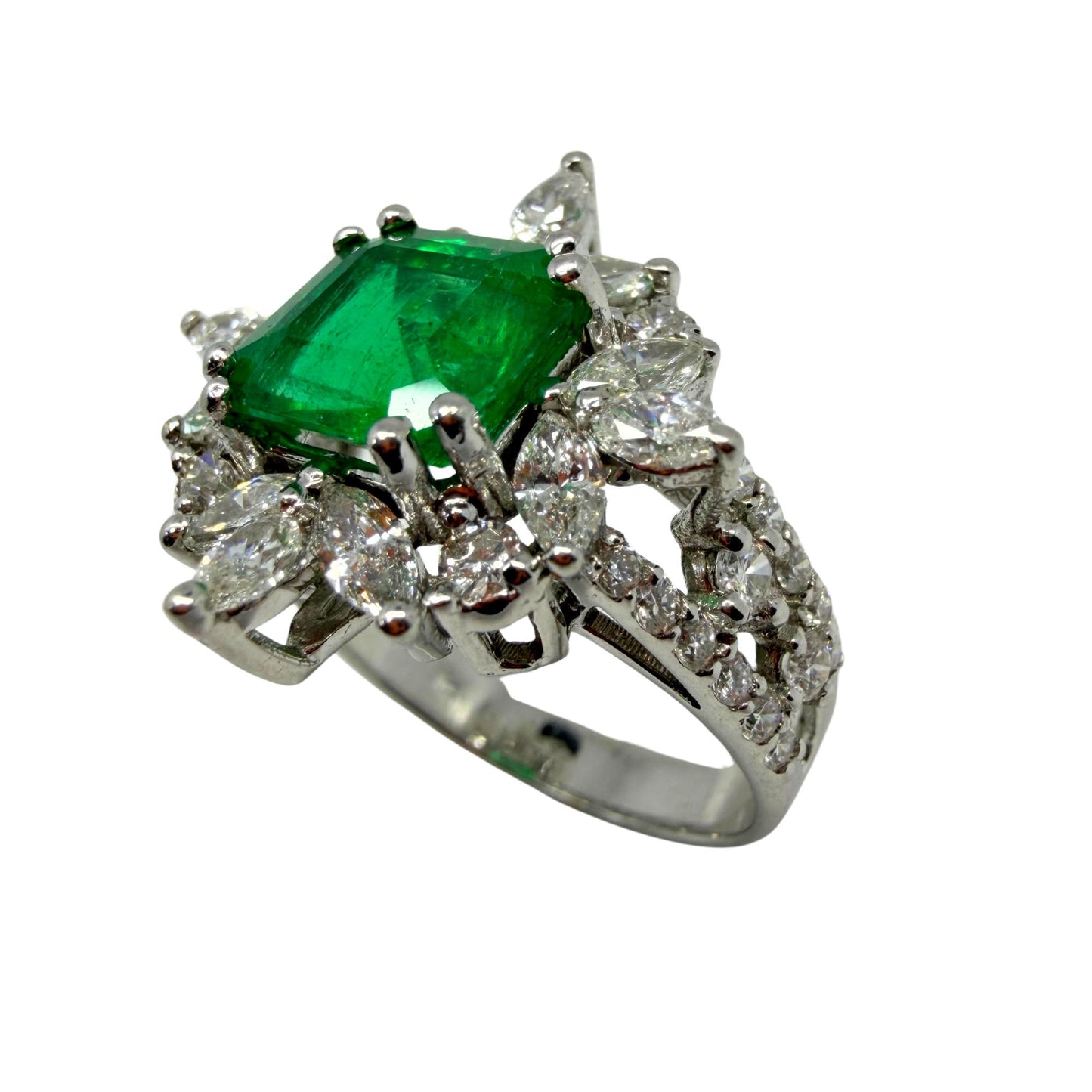 18K White Gold 2.17 carat Emerald and Marquise Cut Diamond Ring - Size 6.5