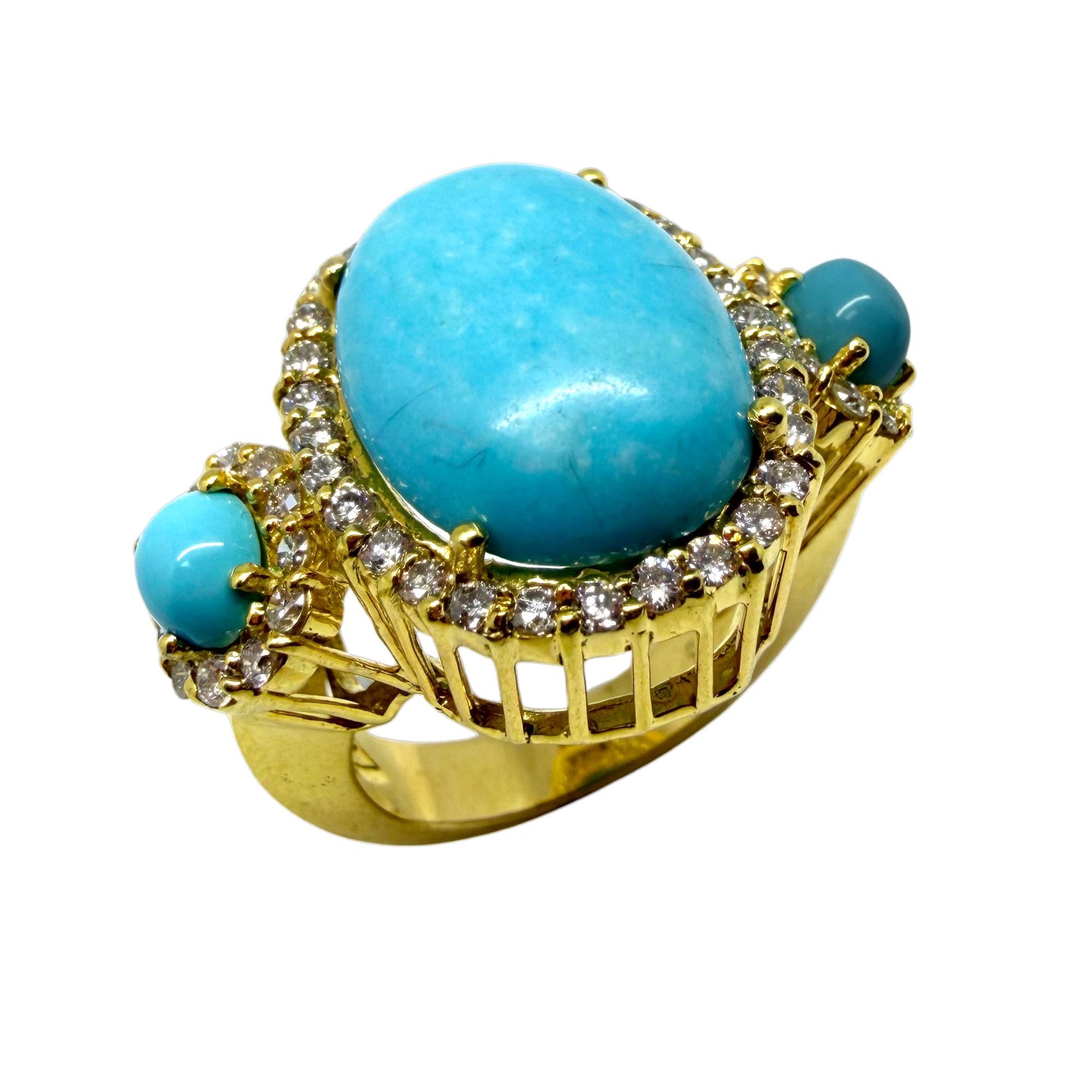 18K Yellow Gold Diamond and Turquoise Three Stone Cocktail Ring - Size 7