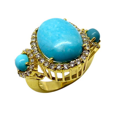18K Yellow Gold Diamond and Turquoise Three Stone Cocktail Ring - Size 7