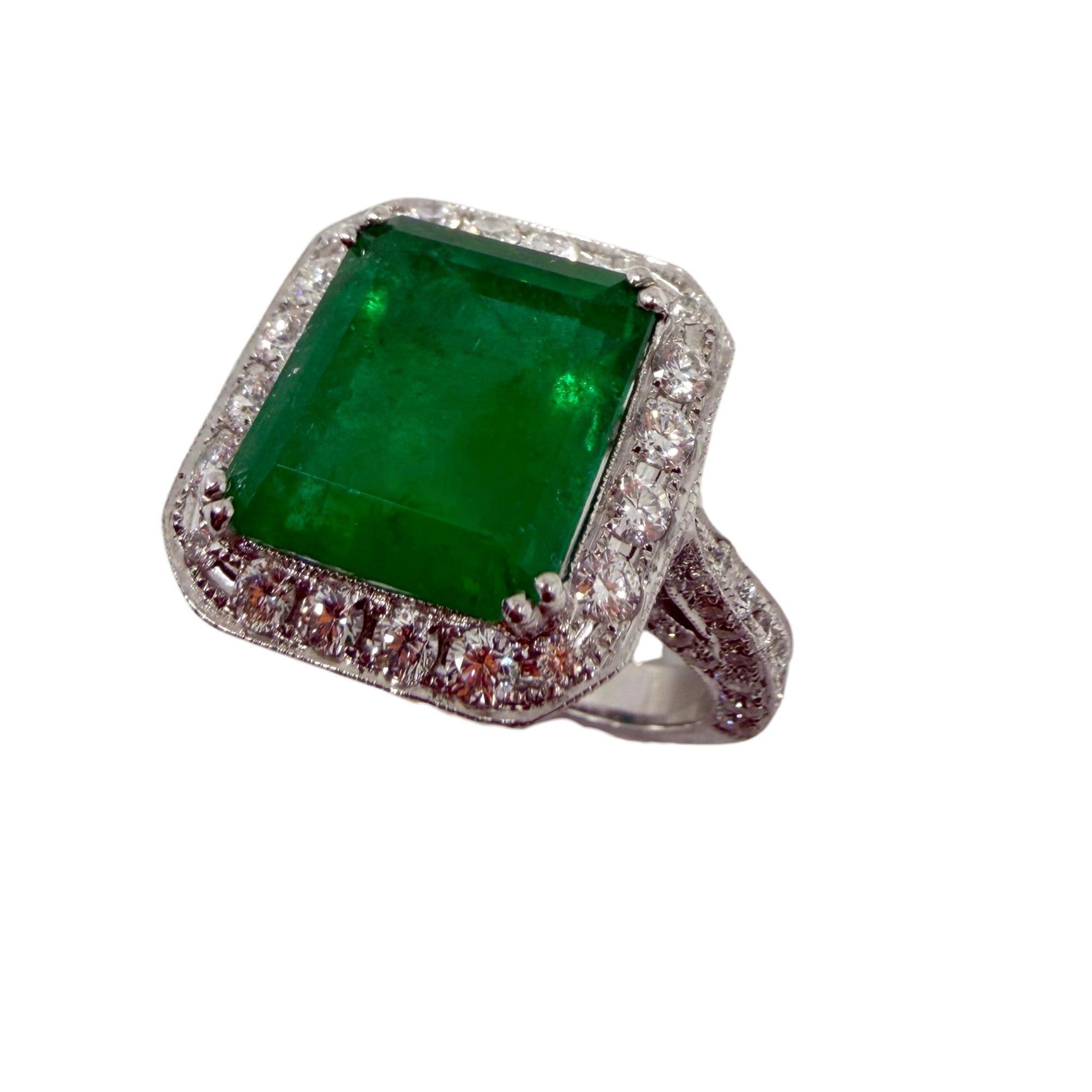 18K White Gold 6.58 Carat Emerald Cut Emerald and Diamond Ring -Size 7