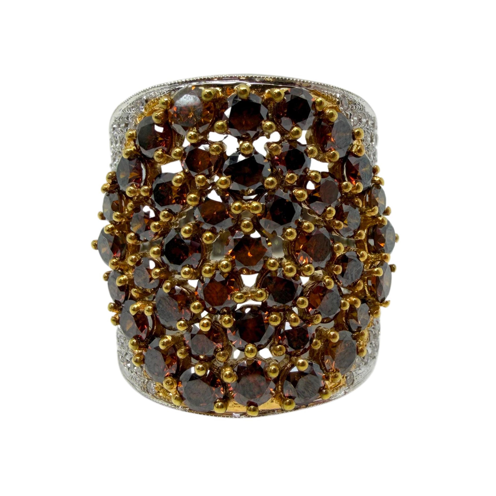 18K Two Tone White and Brown Diamond Wide Band Ring - Size 6.75