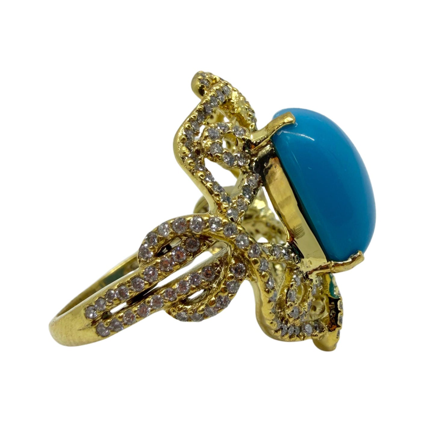 18K Yellow Gold Diamond and Turquoise Ring - Size 6.5
