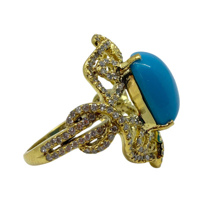 18K Yellow Gold Diamond and Turquoise Ring - Size 6.5