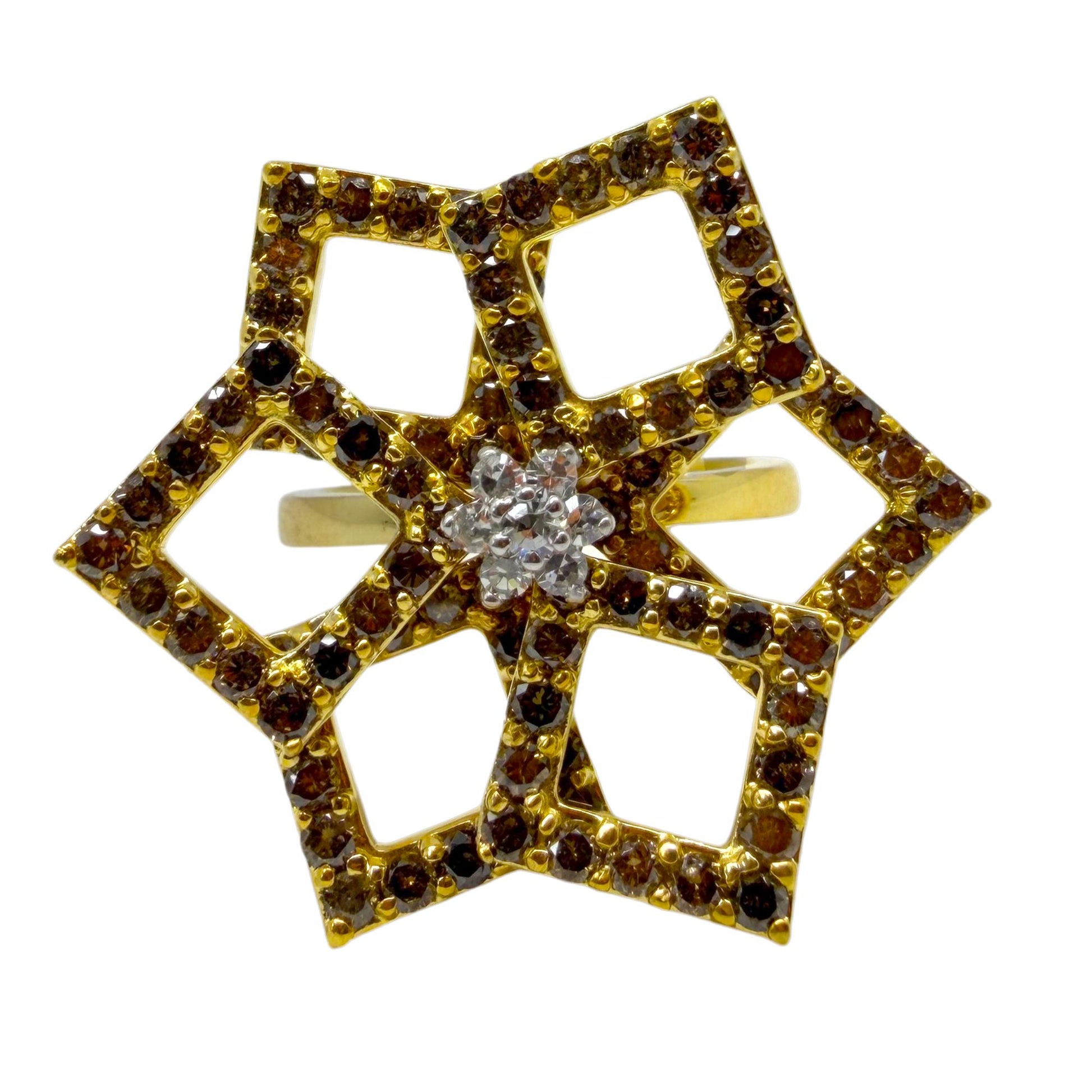 18K Yellow Gold 2.43 Carat Round Cut Brown and White Diamond Flower Ring