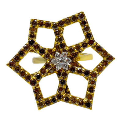 18K Yellow Gold 2.43 Carat Round Cut Brown and White Diamond Flower Ring