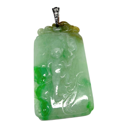 Estate 18K and Silver Carved Burma No Dye Jade and Diamond Pendant w/GIA