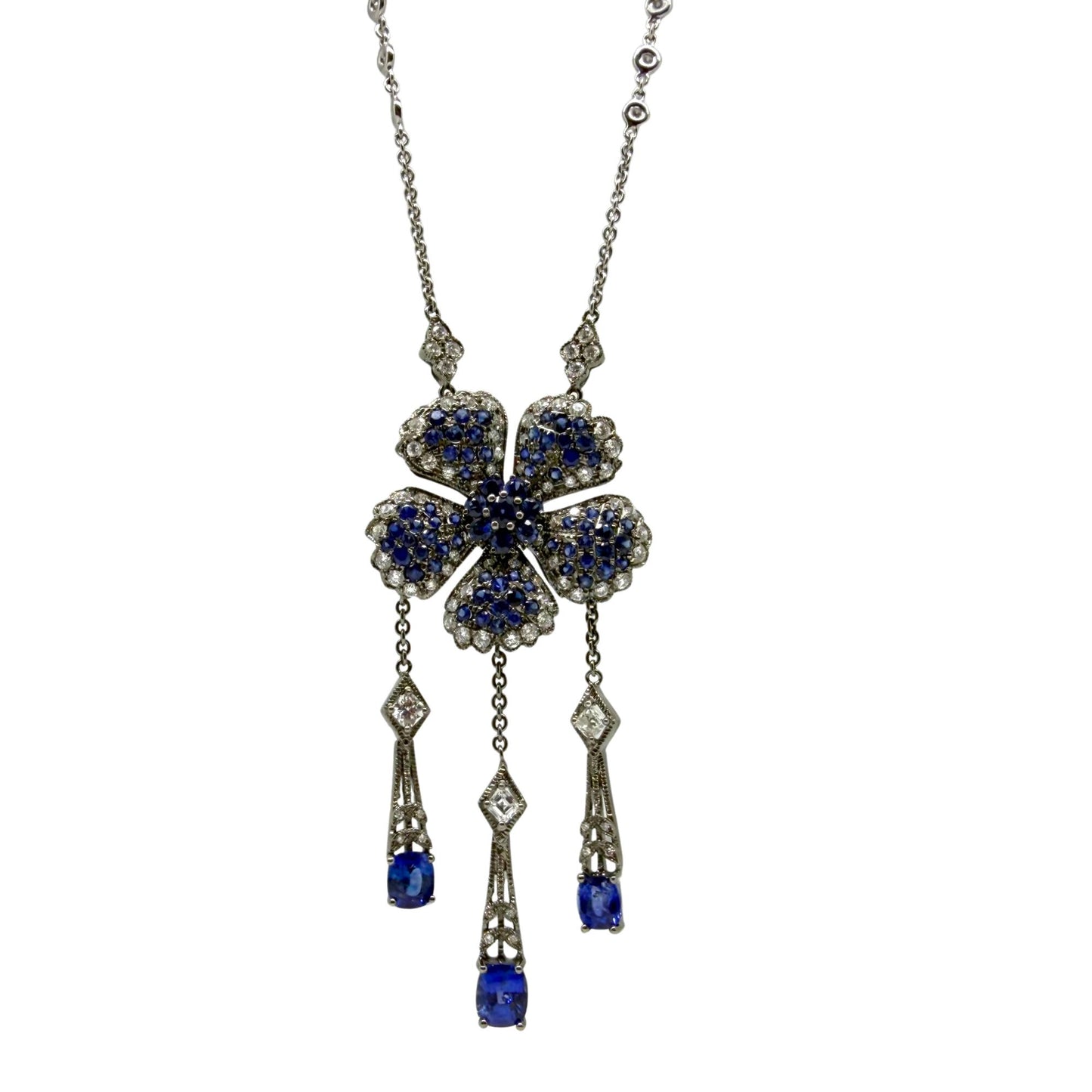 Vintage Inspired 18K Diamond and 6.67 Carat Sapphire Flower Drop Necklace