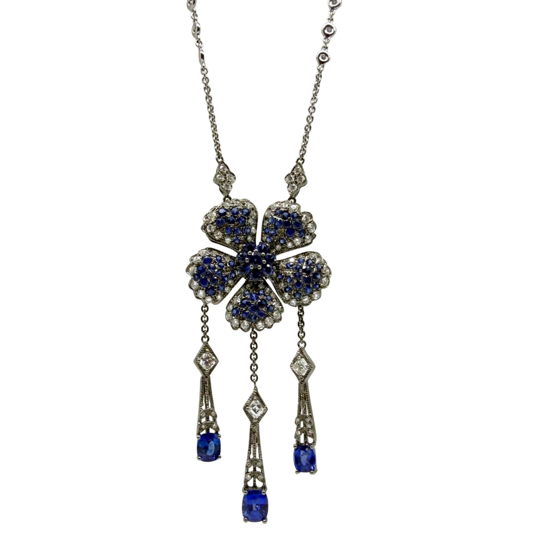 Vintage Inspired 18K Diamond and 6.67 Carat Sapphire Flower Drop Necklace
