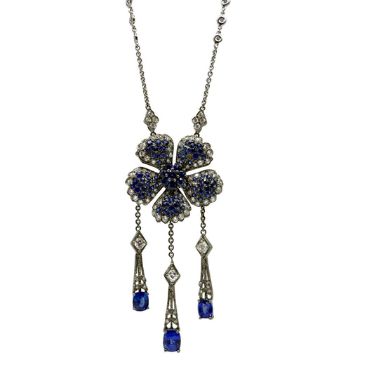 Vintage Inspired 18K Diamond and 6.67 Carat Sapphire Flower Drop Necklace