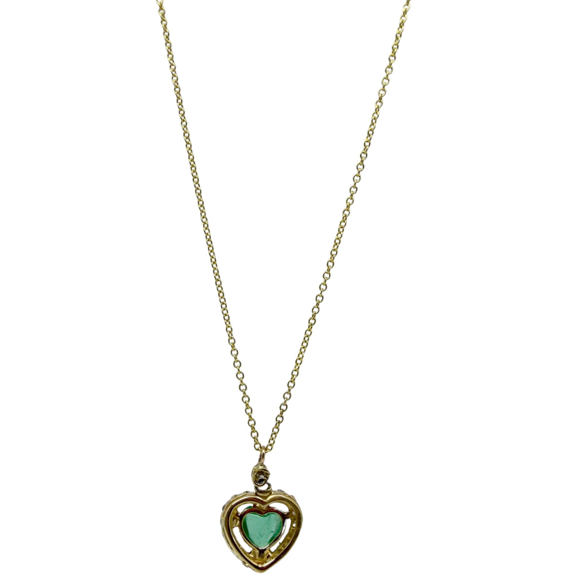 18K Yellow Gold .89 Carat Emerald and Diamond Heart Pendant Necklace