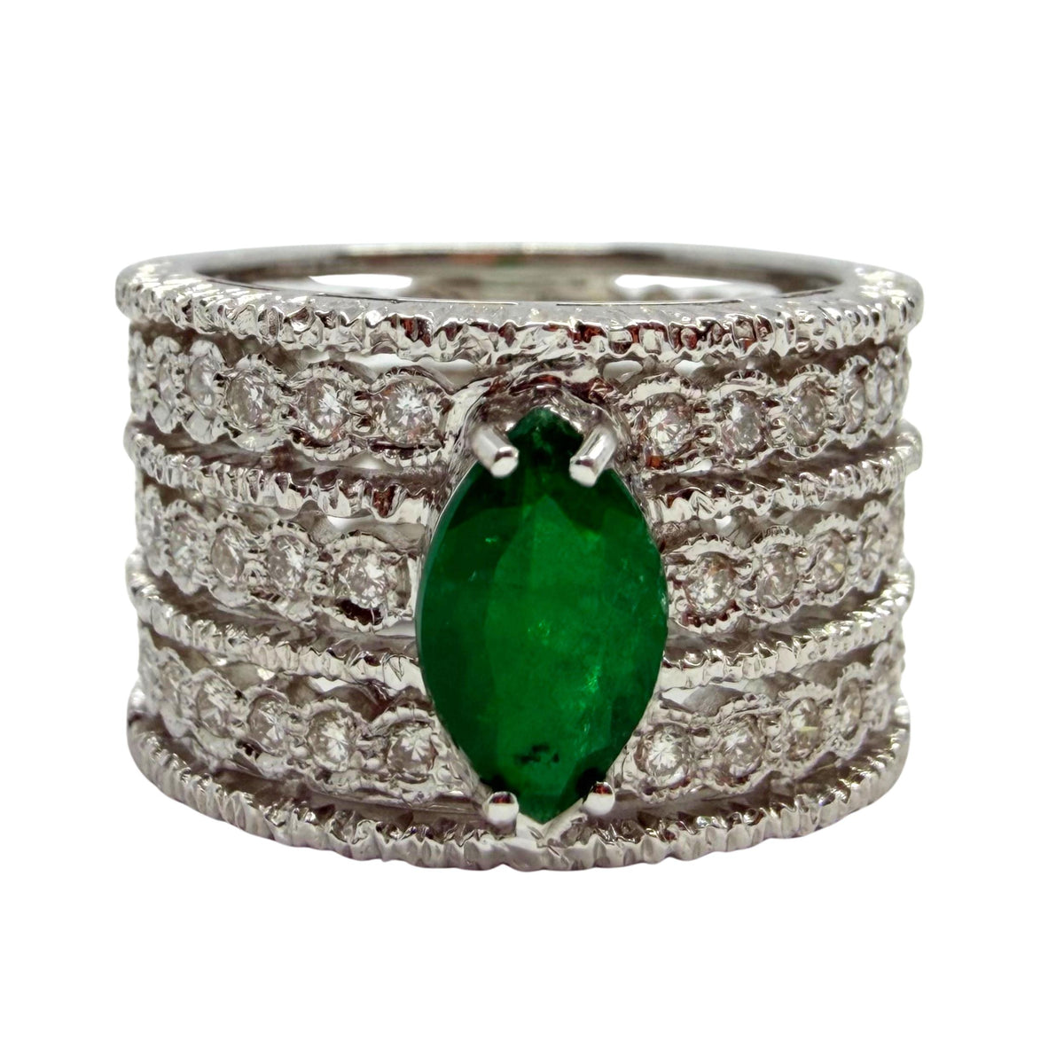18K White Gold Pear Cut Emerald and Diamond Wide Band Ring - Size 6.25