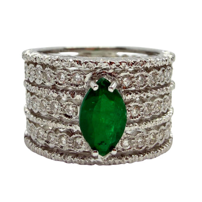 18K White Gold Pear Cut Emerald and Diamond Wide Band Ring - Size 6.25
