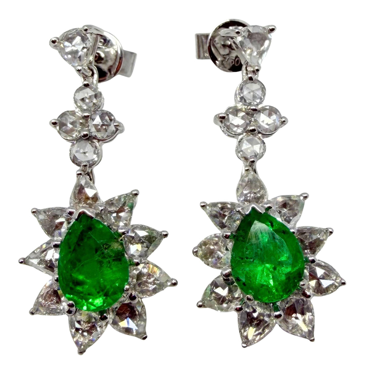 18K White Gold 2.22 Carat Emerald and Rose Cut Diamond Earrings