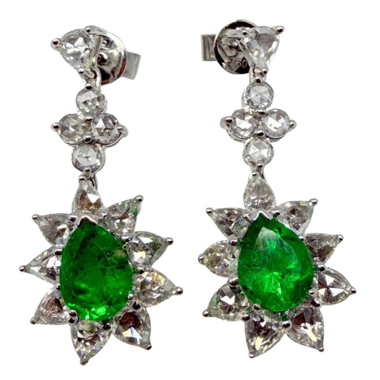 18K White Gold 2.22 Carat Emerald and Rose Cut Diamond Earrings