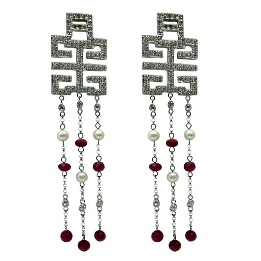 18k White Gold Diamond, Ruby Beads and Pearl Abstract Chandelier Drop Earrings