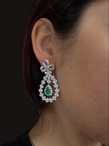 18K White Gold 1.68 Carat Pear Cut Emerald and Diamond Drop Earrings