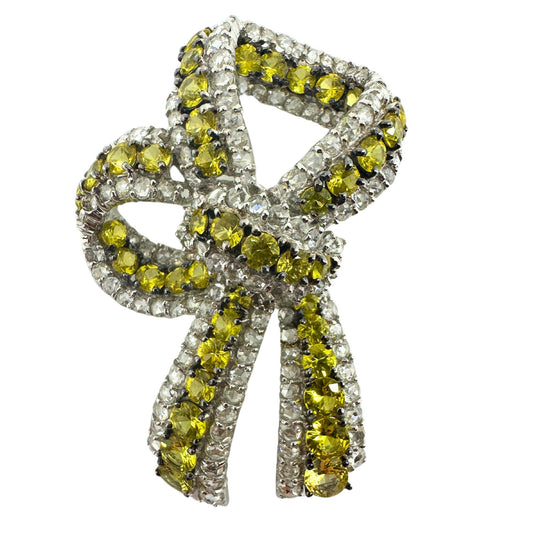 18K White Gold Rose Cut Diamond and Yellow Sapphire Bow Brooch