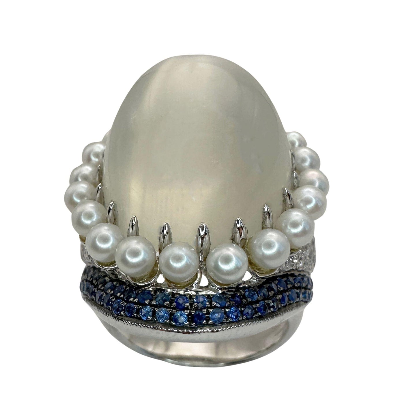 18k White Gold Pearl, Diamond, Sapphire and Moonstone Cocktail Ring