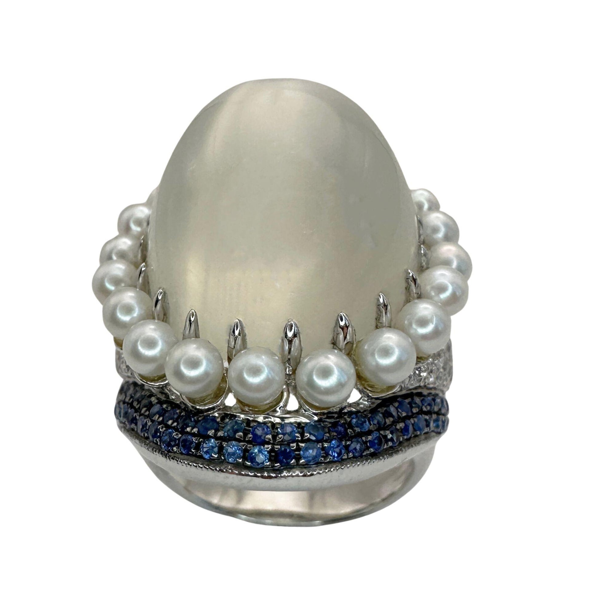 18k White Gold Pearl, Diamond, Sapphire and Moonstone Cocktail Ring
