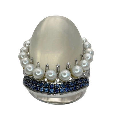 18k White Gold Pearl, Diamond, Sapphire and Moonstone Cocktail Ring