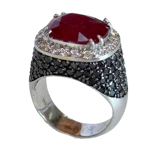 18k White Gold 5.11 Carat Checkered Ruby and Black and White Diamond Ring