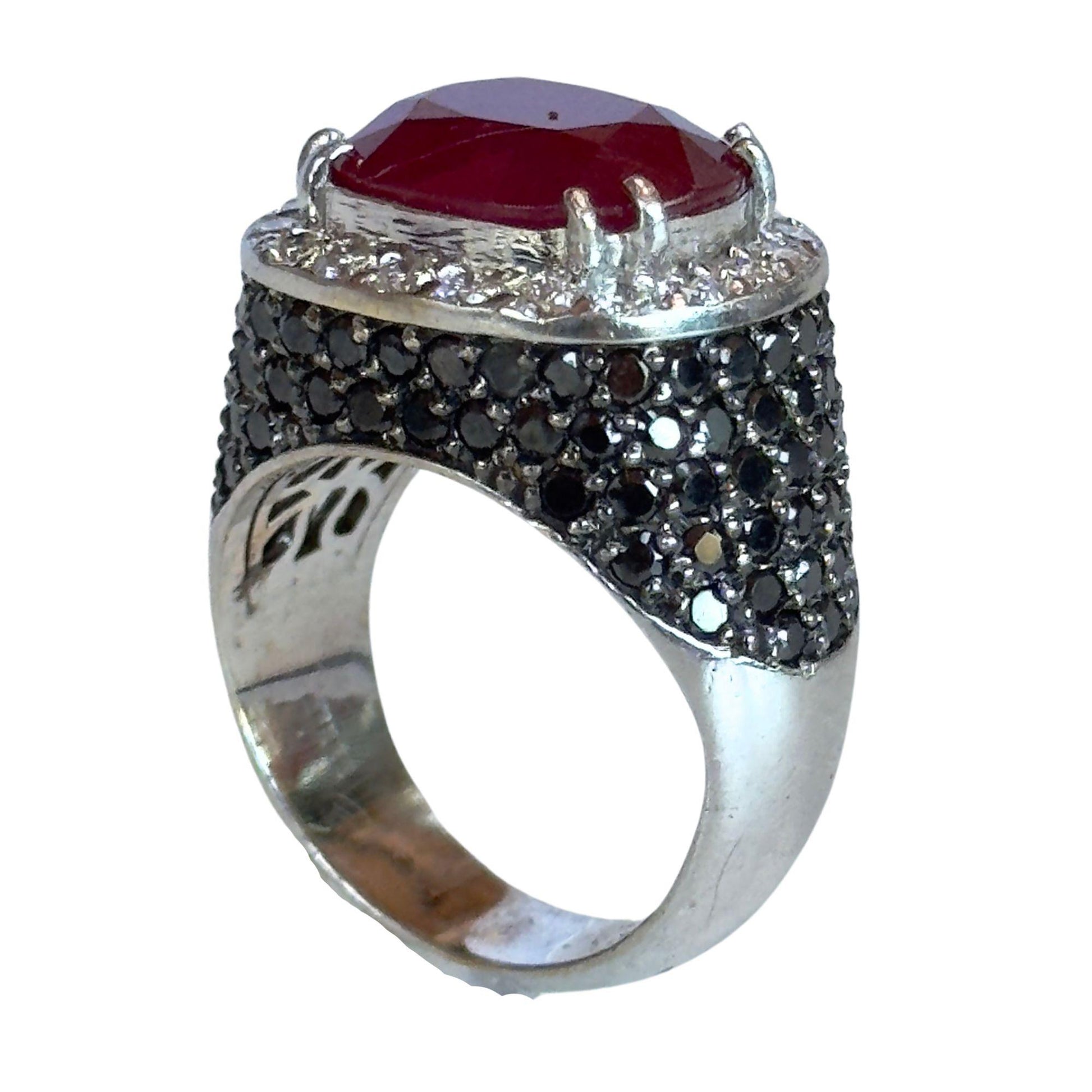 18k White Gold 5.11 Carat Checkered Ruby and Black and White Diamond Ring