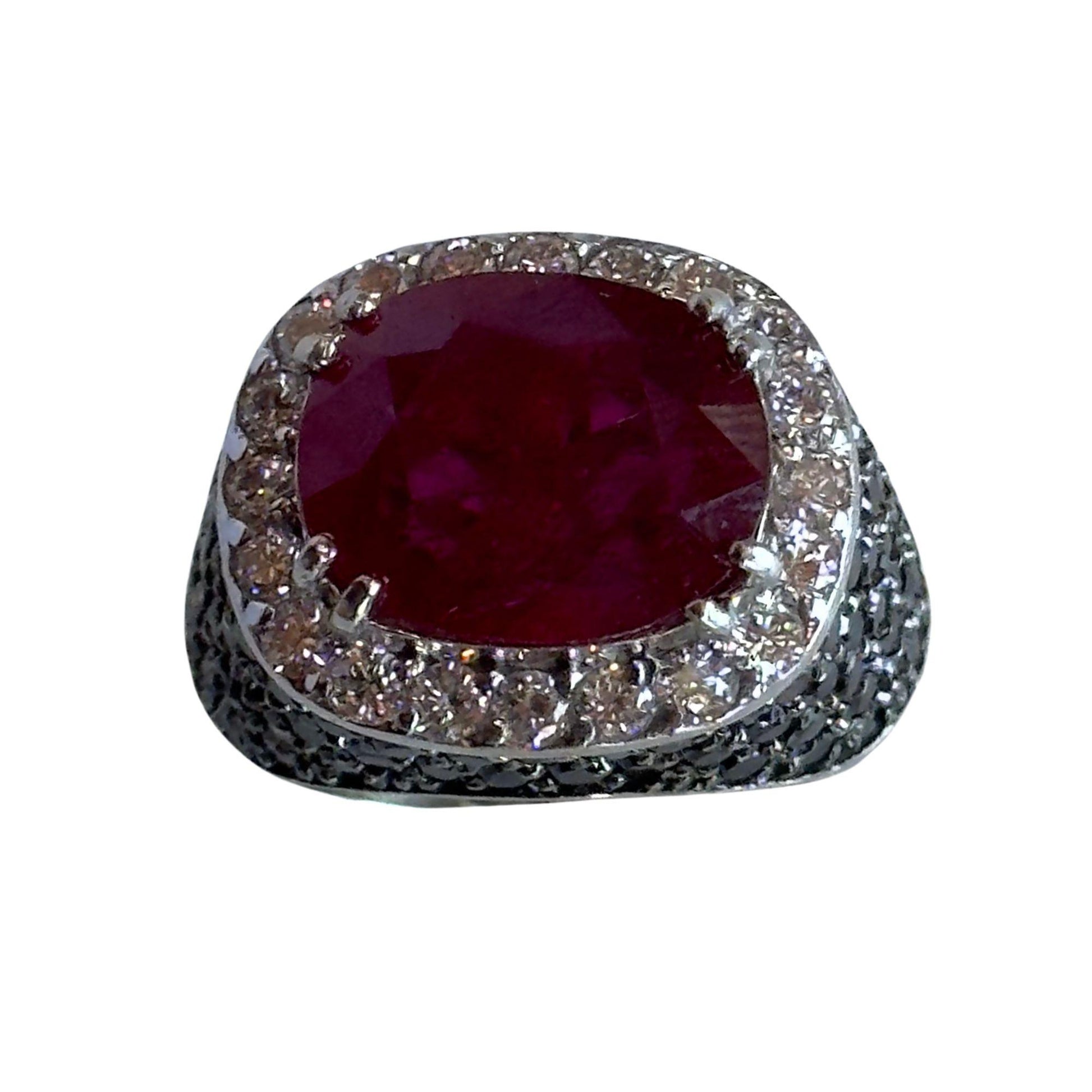 18k White Gold 5.11 Carat Checkered Ruby and Black and White Diamond Ring