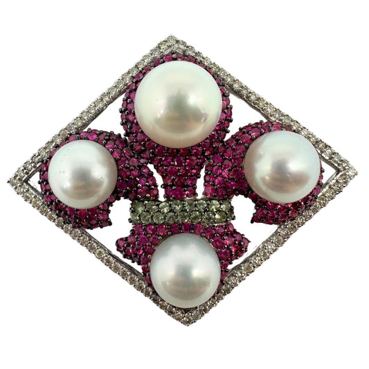 18K White Gold Diamond, Multicolor Sapphire and Pearl Brooch and Pendant