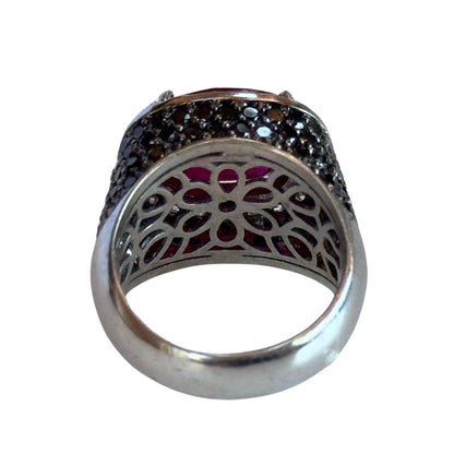 18k White Gold 5.11 Carat Checkered Ruby and Black and White Diamond Ring