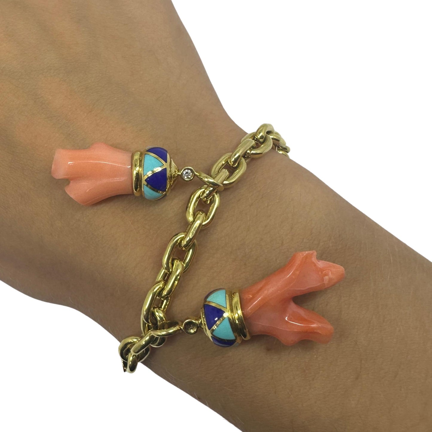 18K Estate Enamel and Coral Charm Bracelet